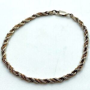 Vtg Sterling Silver & Gold Tone Middle Rope Twist Bracelet Chain 7” - 3mm
